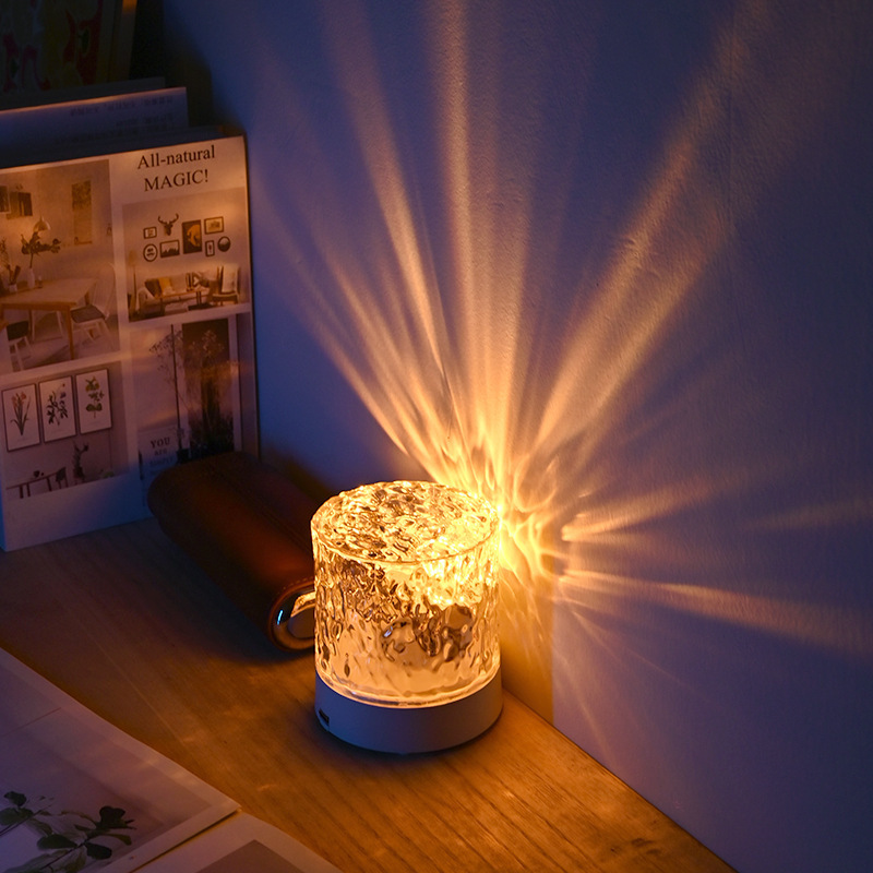 Temu Popular Round Flame Table Lamp Water Ripple Projection Atmosphere Lamp Room Night Light Crystal Dream Table Lamp