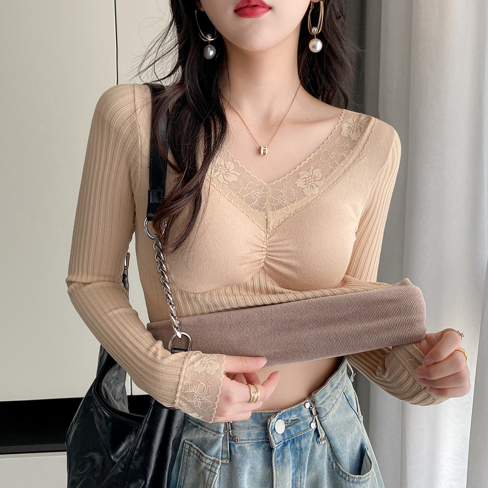 Lace Edge V Tie Chest Pad Warm Top for Women Autumn and Winter Slim Long-Sleeved Fleece-Lined Thickeneded Inner Autumn Coat Bottoming Shirt