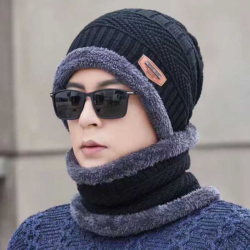 Winter Hat suit fleece-lined warm outdoor fishing collar scarf knitted hat