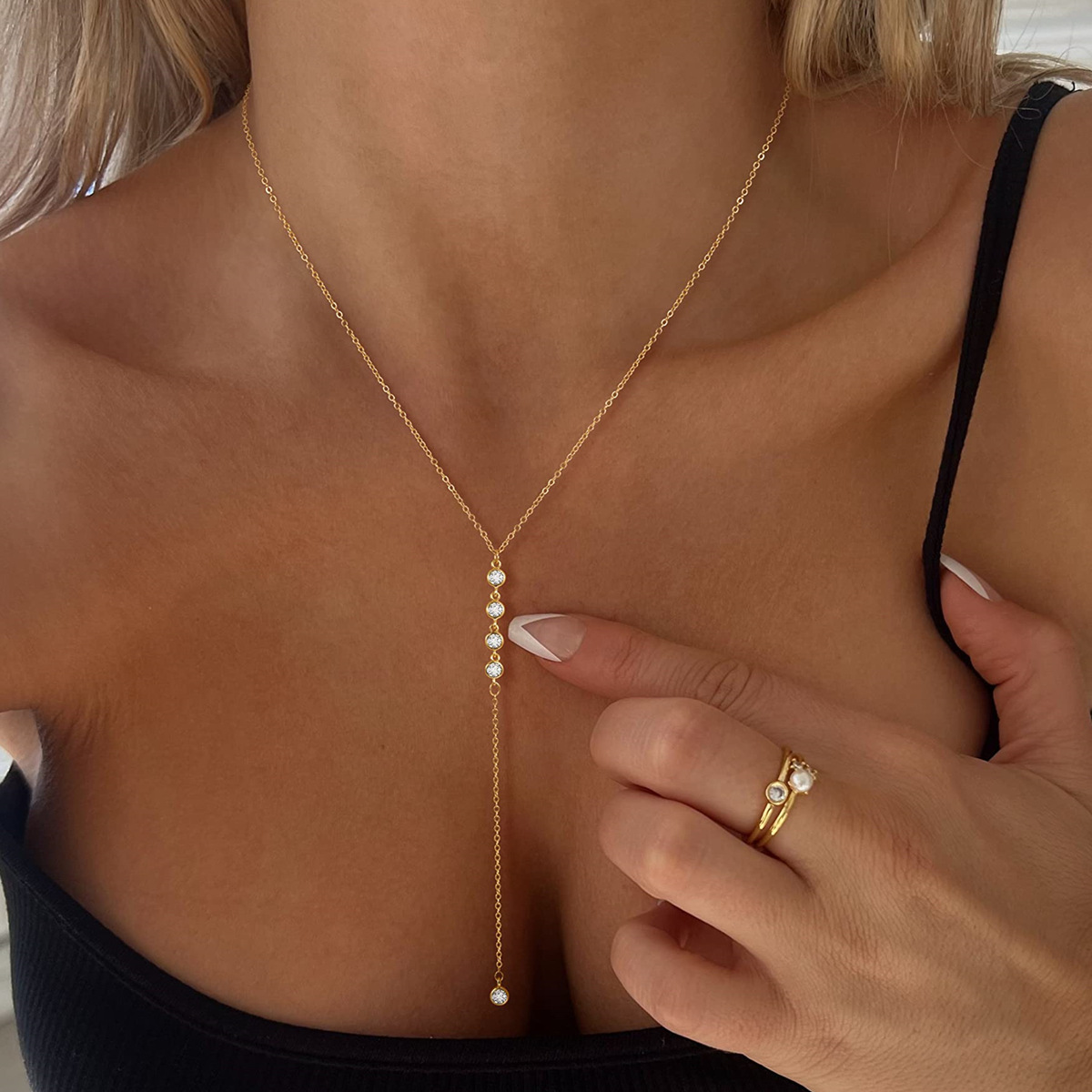 Amazon Cross-Border Golden Long Y-Shaped Clavicle Chain European and American Double-Layer Simple Adjustable Necklace Fashionable Daily Style