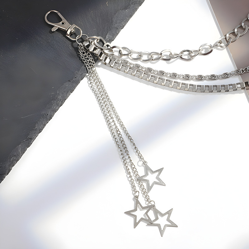 European and American Trendy Hip-Hop Punk Five-Pointed Star Pendant Tassel Jk Skirt Waist Chain Street Three-Layer Star Stylish Accessories