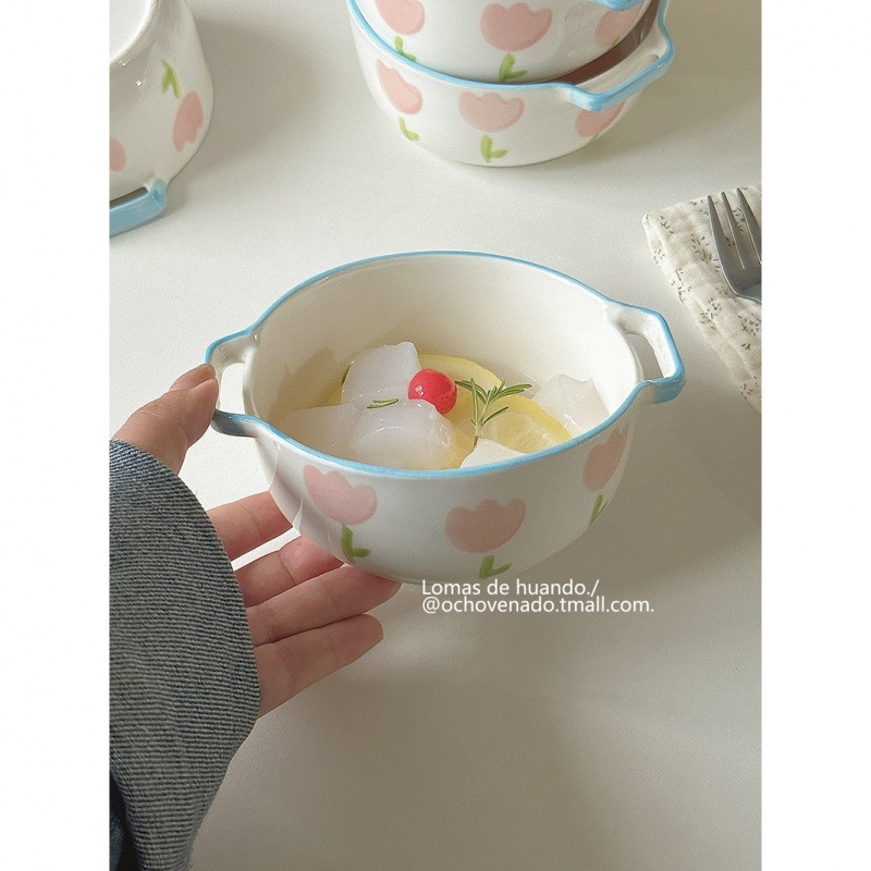 ins Style Cute Tulip Double Ear Small Bowl Household Rice Bowl Soup Bowl Baking Bowl Fruit Dessert Dew Bowl Underglaze Color