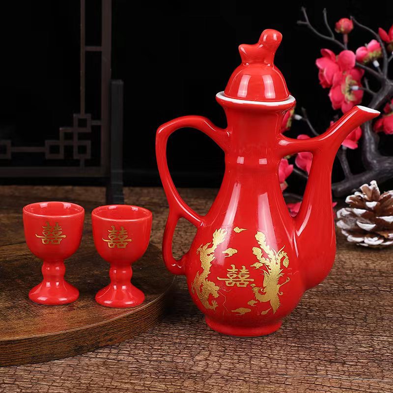 Wedding Celebration Wine Pot Set, Dragon and Phoenix Red Wedding Festive Ceramic Wine Pot and Wine Glass Set for Toasting