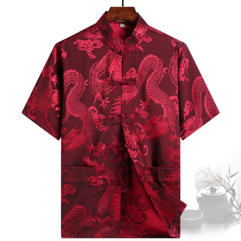 Summer Tang Men's Short-sleeved Top Middle-aged and Elderly Chinese Silk Ethnic Costume plus size Shirt with Buckle for Grandpa