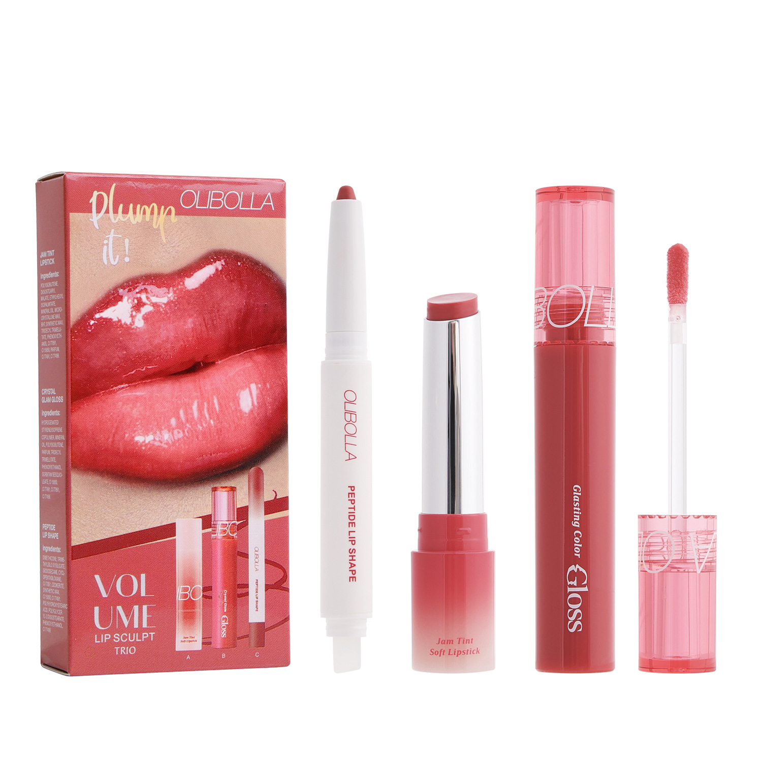 Cross-Border Exclusive Lip Makeup Set: Lip Liner + Glossy Lip Gloss + Mirror-Effect Lipstick, Three-Piece Set, Easy to Apply