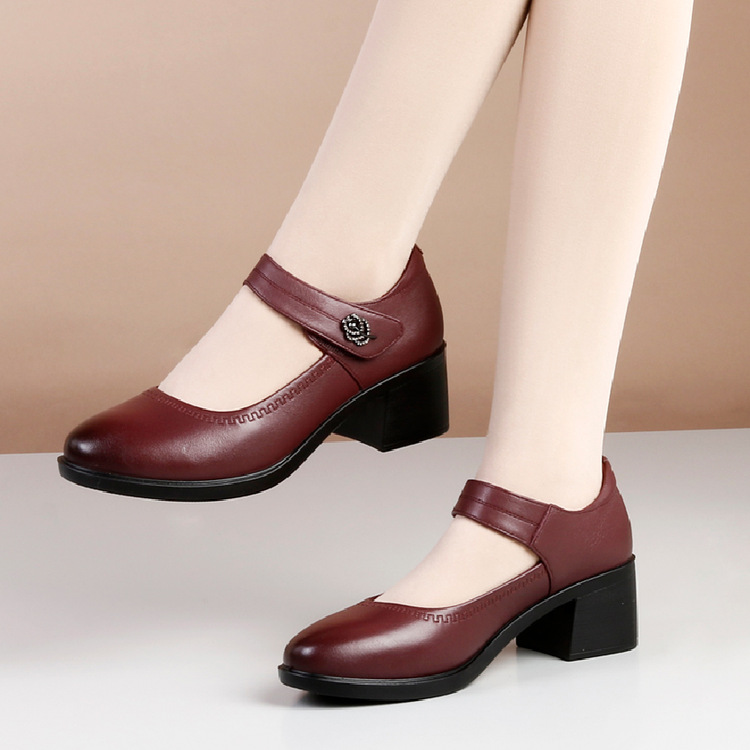 Foreign Trade Genuine Soft Leather Soft Sole Flats for Women 2025 New Medium Heel Mom Shoes Thick Heel Flats Bottom Round Toe Korean Style Small Leather Shoes