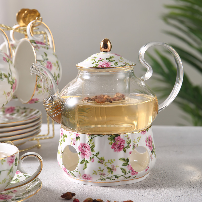 European-Style Fruit Tea, Pastoral Style Flower Tea Set, Flower Teapot, Heated Glass with Filter, Ceramic Water Cup, Cup and Saucer, Tea Brewing Pot