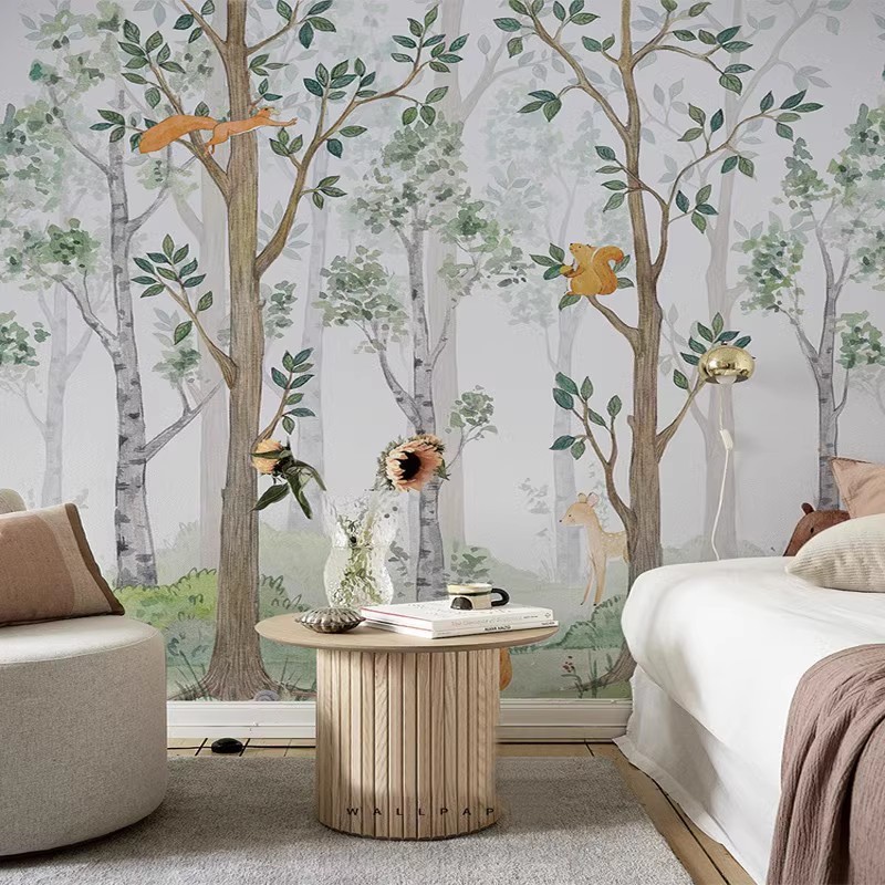 Scandinavian Wall Cloth Hand-Painted Animal Forest Kidsren's Room Wallpaper Seamless Wallpaper Boy Girl Bedroom Background Wall Mural
