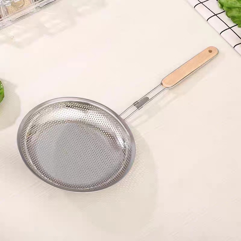 Stainless Steel Colander Spoon Wooden Handle Punching Oil Grid Filter Mesh Kitchen Tools Strainer Thickened Oil Spoon Hot Pot Colander