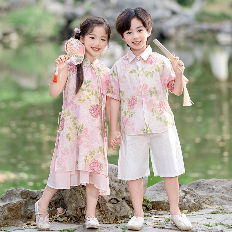 Boys Summer Shirt Suit 2025 New Kidsren's Floral Shirt Thin Boy Hong Kong Style Two-Piece Set Trendy and Handsome