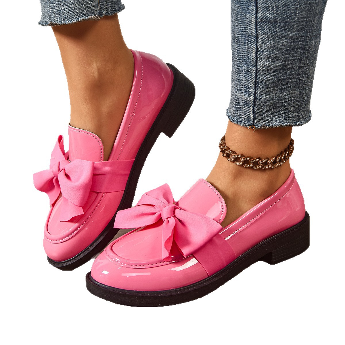 British Style Small Leather Shoes 2025 Spring & Fall New Versatile Flats Women's Shoes Pure Color Bow Shoes Thick Heel Loafers for Women
