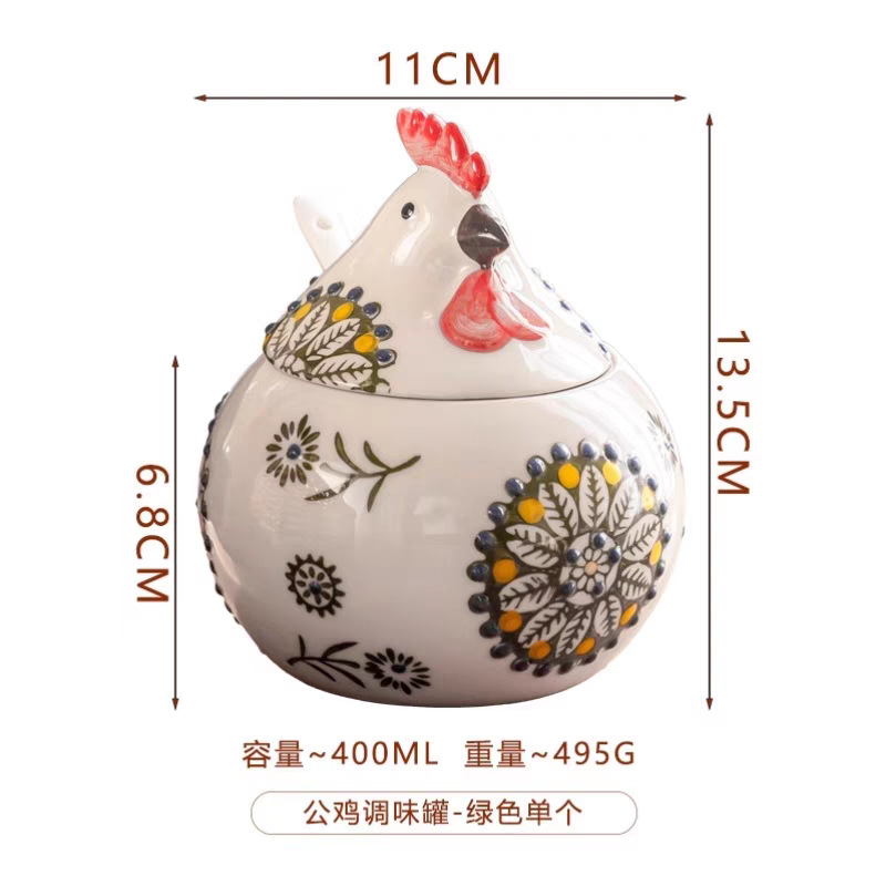 Chicken Ceramic Seasoning Pot Salt Pot Kitchen Household High-end Seasoning Pot Moisture-proof Seasoning Box Chili Pepper Pot with Lid and Spoon
