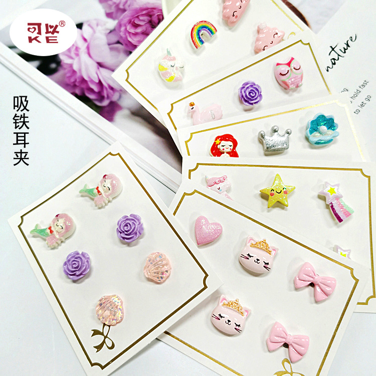 Зажимы для ушей для детей без проколов, безболезненные, мультяшные серьги для девочек