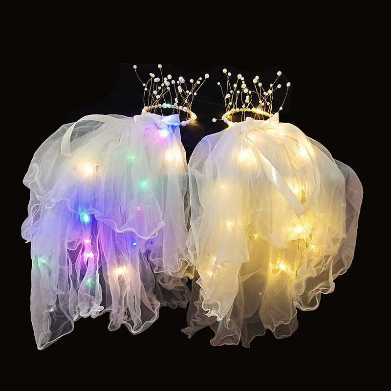 Internet Celebrity Luminous Veil Wedding Dress with Light Double Layer Tassel Pearl Crown Head Ribbon Bow Kidsren's Gauze Decoration