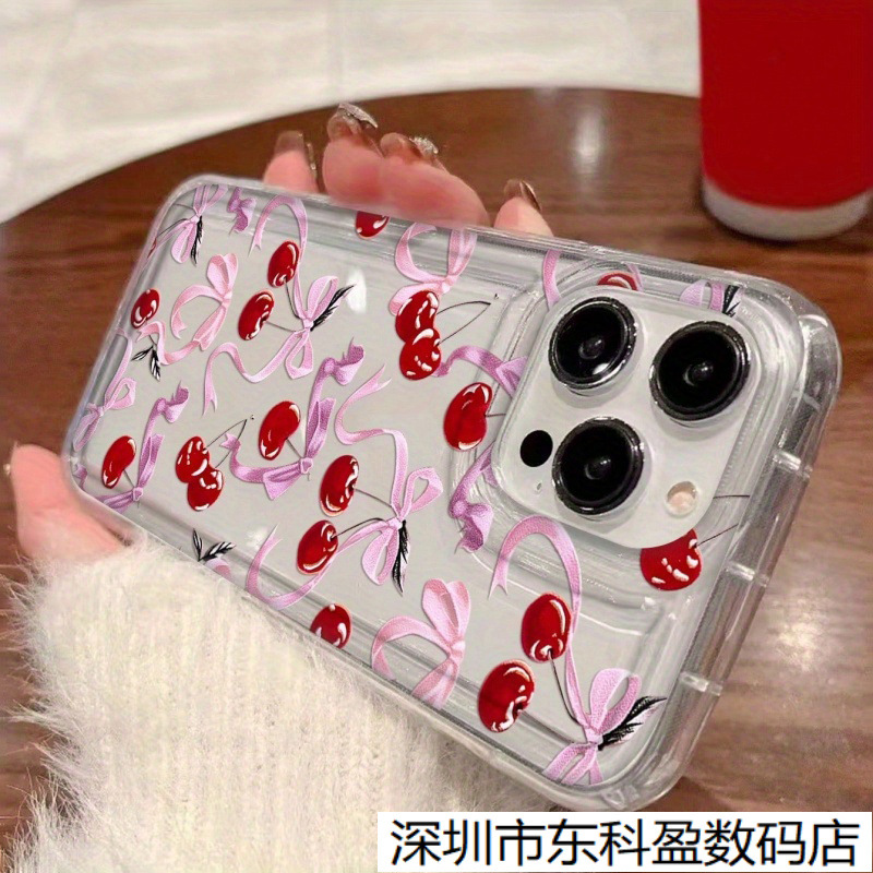 Bow Cherry Suitable for Apple 17Pro All-Inclusive 16Promax Mobile Phone Case 14 Accessible Luxury 13 Hot Style 12P Soft