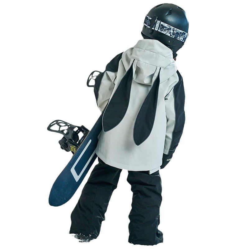 Children's Outdoor Thickeneded Black and White Luminous Windproof Rabbit Ear Ski Clothing Breathable Cute Rabbit Design Cold-Proof Clothing Hooded