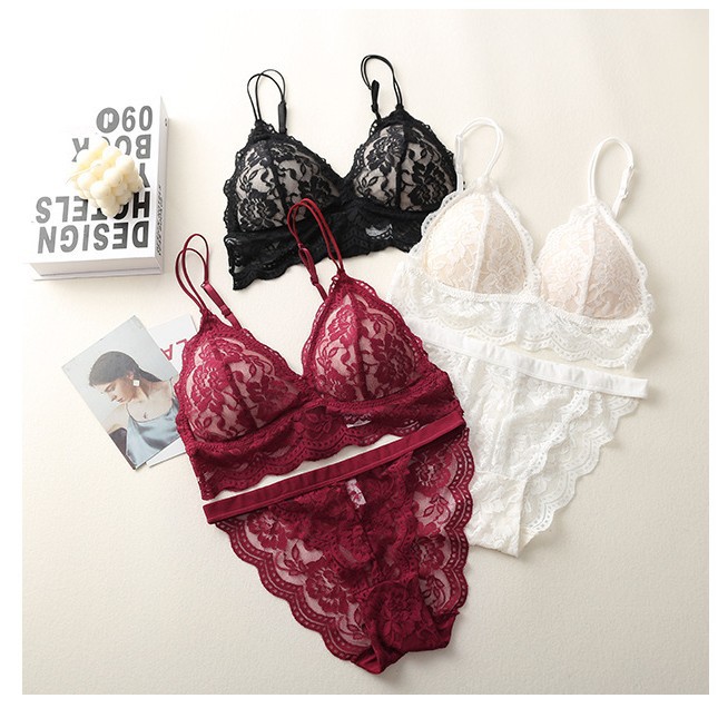 French Style Triangle Cup Bra Set Female Sexy Beautiful Back Hollow Lace Non-rimmed Underwear Panties Two-piece Set