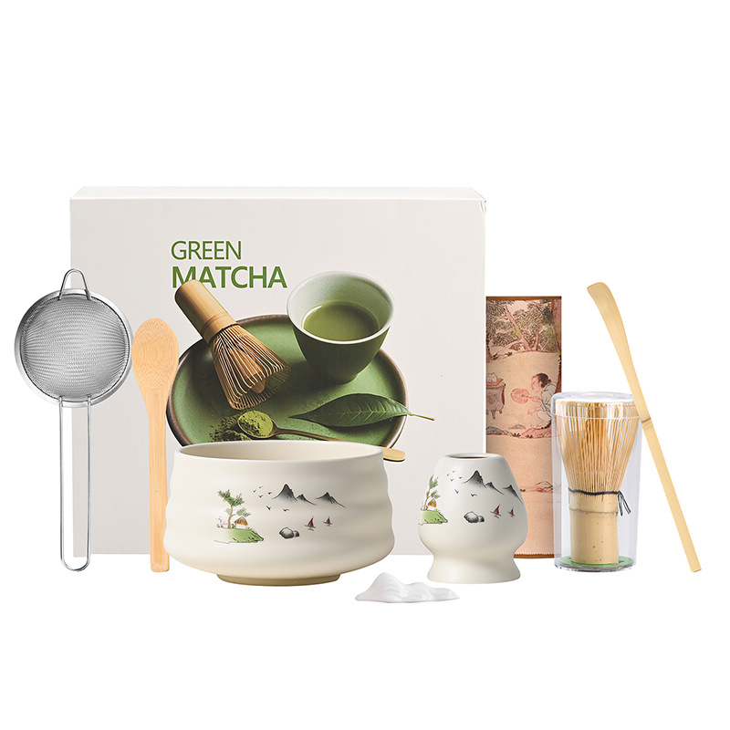 Cross-Border Japanese Ceramic Matcha Bowl Set with Decal Craftsmanship, Song Dynasty Tea Bowl, Tea Whisk, Tea Ceremony Gift Box