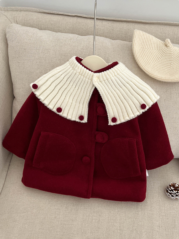 Girl's Winter Red Woolen Coat Western Style Little Girl's Doll Collar fleece-lined Chanel Style Baby's Festive New Year Dress