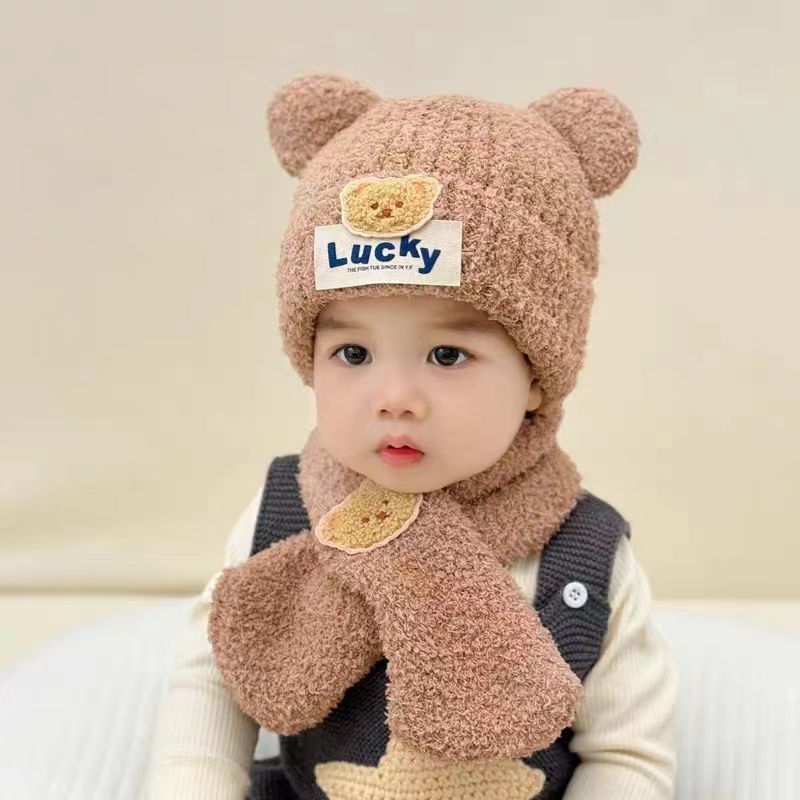 Baby hat autumn and winter cute bear baby plush ear cap scarf suit warm boy and girl pullover cap