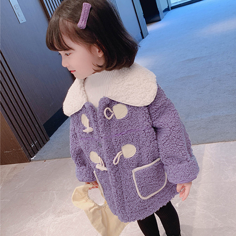 6020 girls' coat lambswool horn buckle composite polar fleece thickened top 23 Winter new foreign trade children's clothing