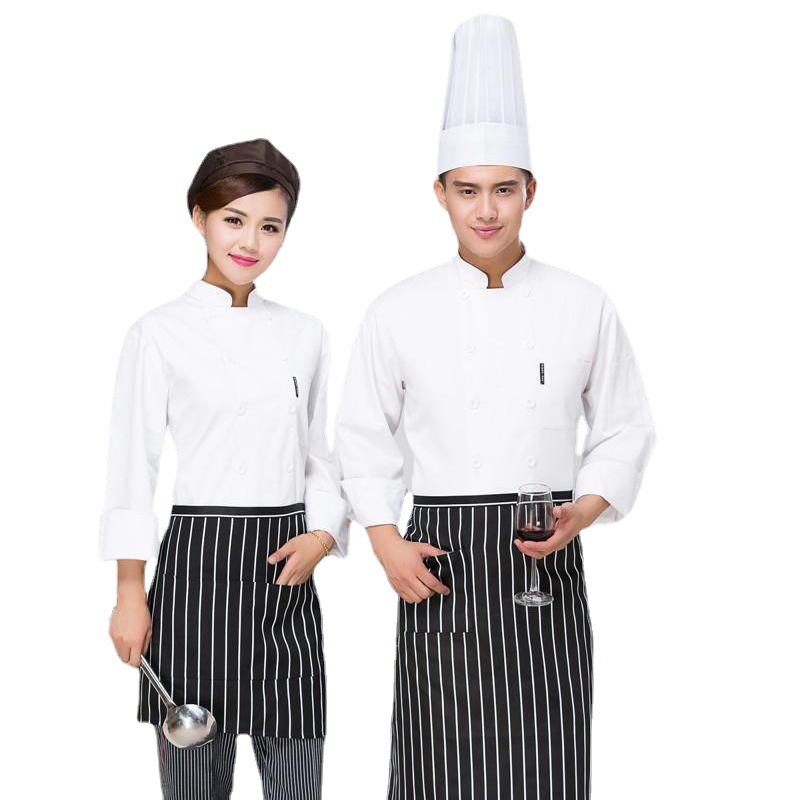 Hotel Restaurant Kitchen Work Clothes Men's plus size Restaurant Rear Kitchen Pure White Chef Clothes Long Sleeve Double-breasted Kitchen Clothes Short