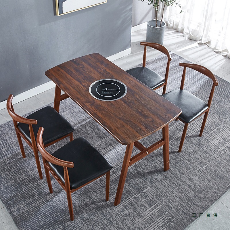 Theme Hot Pot Table Induction Cooker Barbecue All-In-One Skewers Catering Dining Table Rectangular Hotel Table and Chair Combination W&