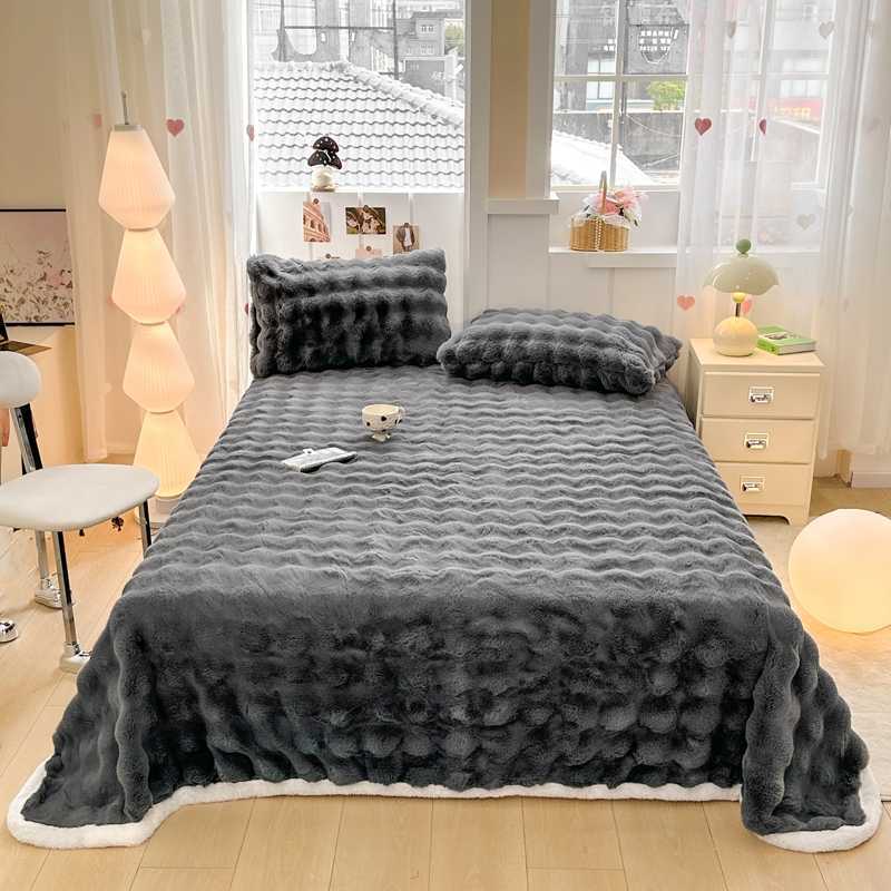 Nantong Home Textile Bed 2025 New Thickened Solid Color Rabbit Fur Plush Bubble Single Bed Sheet Group Buying Wholesale
