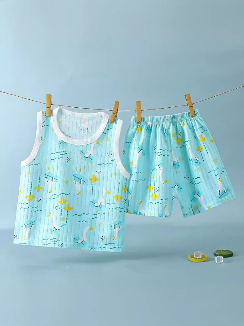 Children's Summer Jacquard Cotton Vest Shorts Suit New Style Male and Female Baby Sleeveless Cartoon Breathable Kidsren's Clothing Trendy