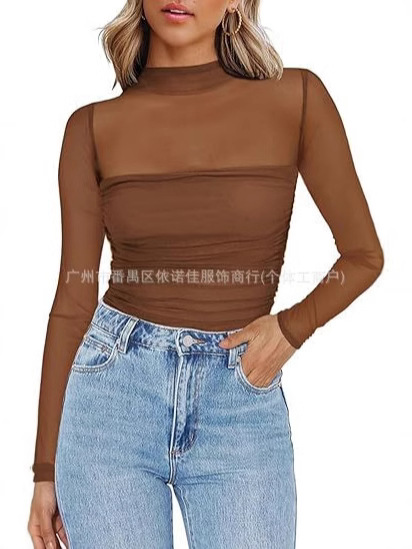 Cross-Border European and American Clothing Amazon New Pure Color Half Turtleneck Mesh Splicing Sexy T-Shirt Top