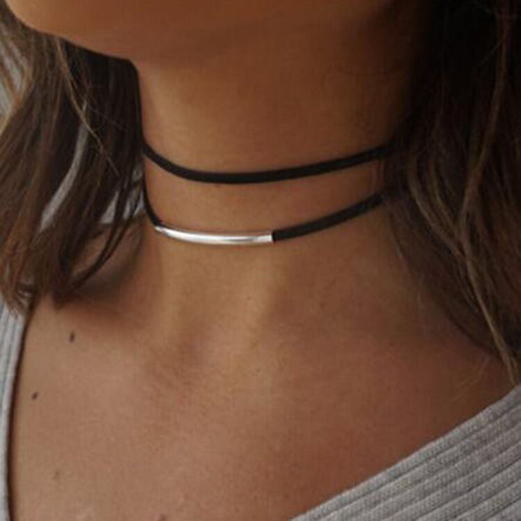 Sweet and Cool Style Spicy Girl Leather Cord Choker Niche Choker Curved Neck Chain Necklace Simple Temperament Collarbone Chain