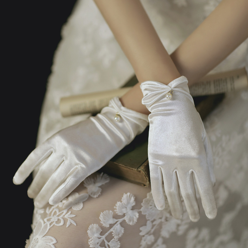 Wedding gloves evening black Bridal Pearl short ebay short finger women's short yarn lace hollow satin bridal style