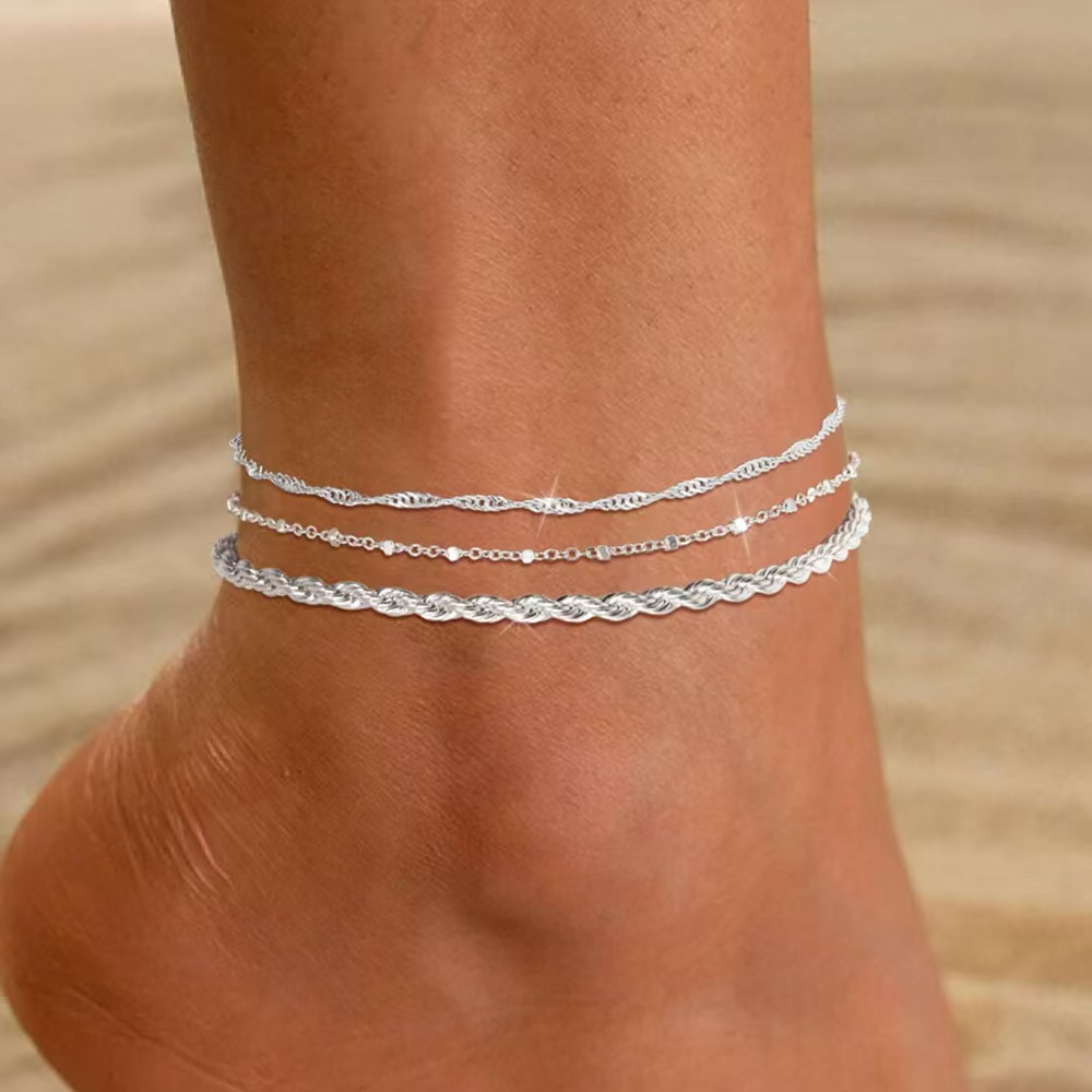 Amazon's Hottest Selling Gold-Plated Three-Piece Foot Jewelry Set for Women, Fashionable Beach Bead Chain, Multi-Layered Versatile Set Anklet