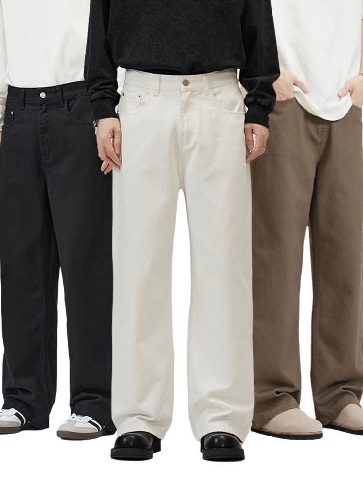 Lktm Men's Wear # Basic Simple and Versatile Solid Color Jeans for Men, High-End Drapey Wide-Leg Straight Casual Pants