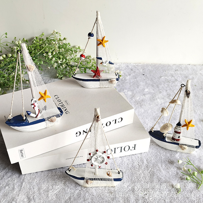 New Mediterranean home accessories blue and white shell sailboat handicraft gifts smooth boat