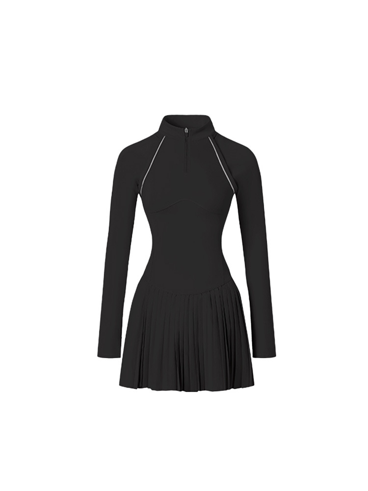 New Half-Zip Detachable Long-Sleeved Tennis Dress for Women, Anti-Exposure Dress, Pleated Tennis Skirt, Sports Suit