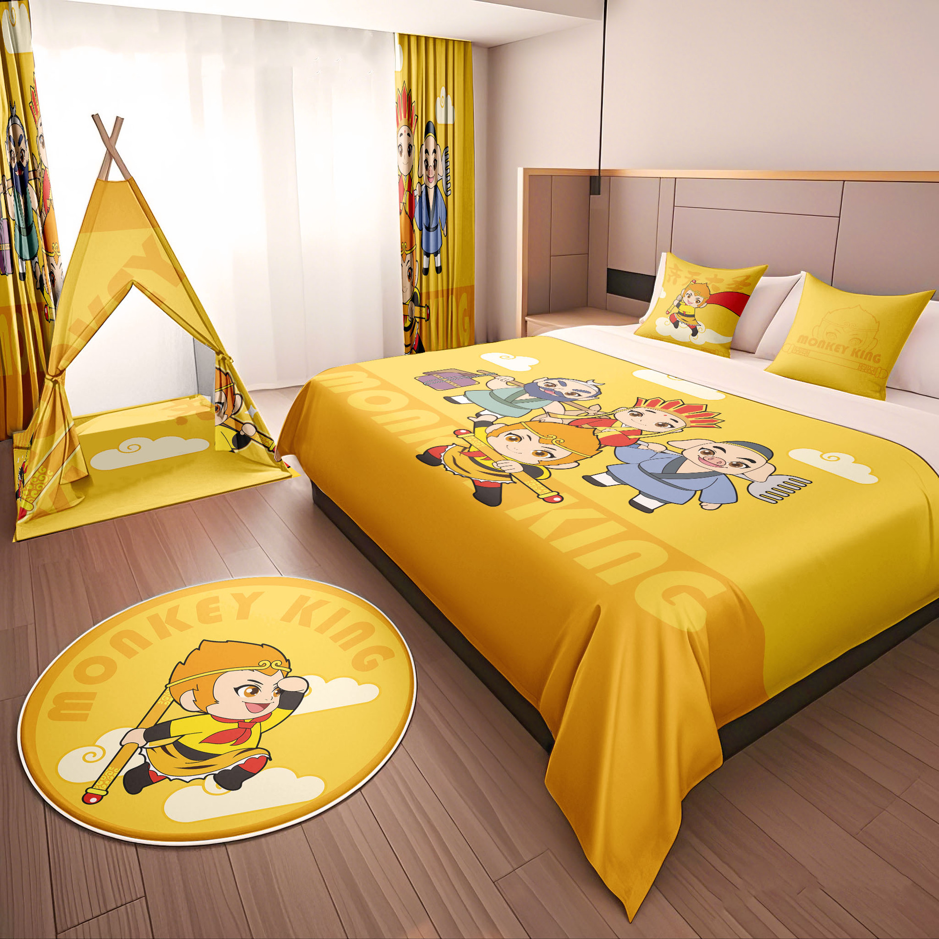 Hotel Family Room Decoration with Sun Wukong and Journey to the West Cartoon Bedspread, Pillow, Tent Decoration, and Homestay Theme Room Renovation