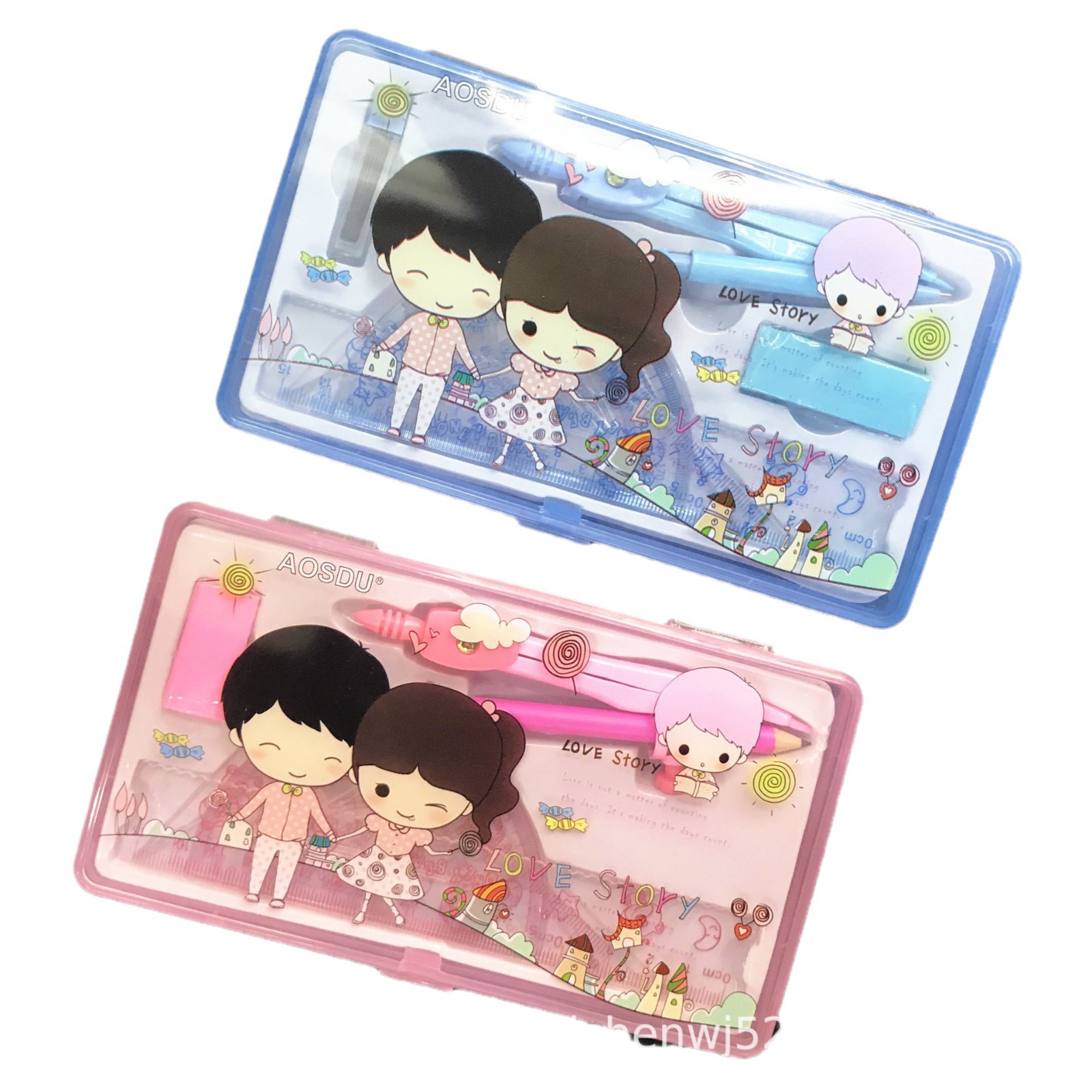 Aosidu 5007 large boxed student cartoon compasses suit compasses 7-piece geometric drawing tools wholesale