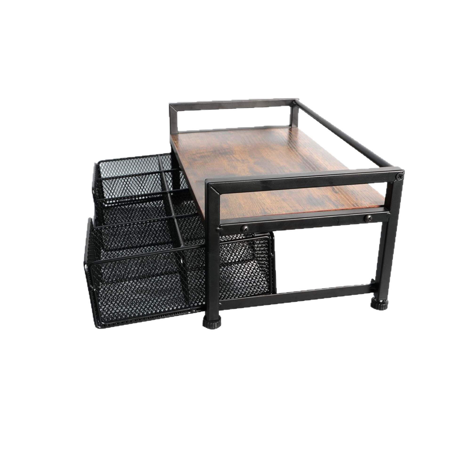 Retro Wood Grain Double-Layer Desktop Storage Rack Iron Mesh Multi-Grid Storage Basket Coffee Bag Tea Bag Tea Table Storage Rack