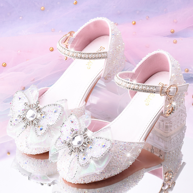 Girls Crystal Princess Shoes White Kidsren's High Heels Model Catwalk Piano Host with Dress Performance Single Leather Shoes