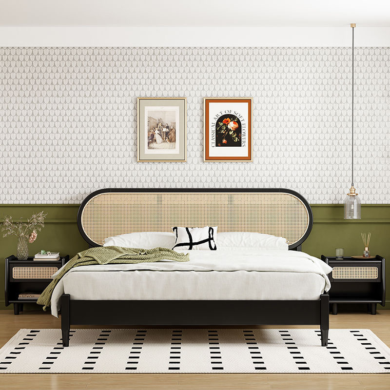 Nordic Solid Wood Rattan Bed Modern Simple Bedroom Silent Retro Black Bed French Middle 1.8m Double Bed