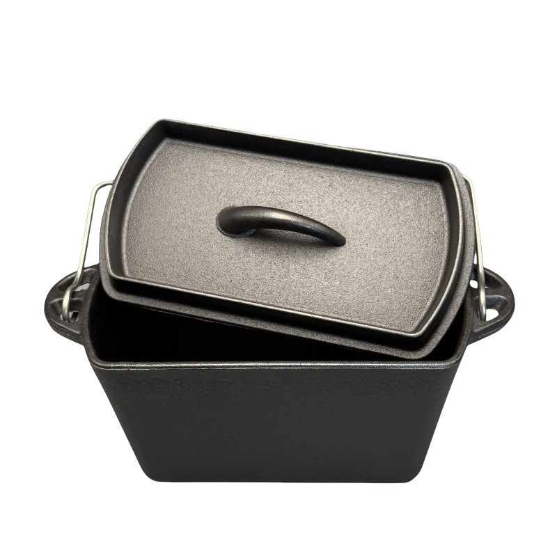 Cast Iron Bread Pan Rectangular Baking Pan Toast Pan Outdoor Barbecue Hanging Pan Square Bread Pan with Lid Handle
