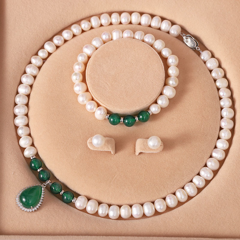 Zhuji Zhen Natural Freshwater Pearl Necklace Women's Three-Piece Clavicle Chain Jewelry Set Mother's Day Gift Live Broadcast