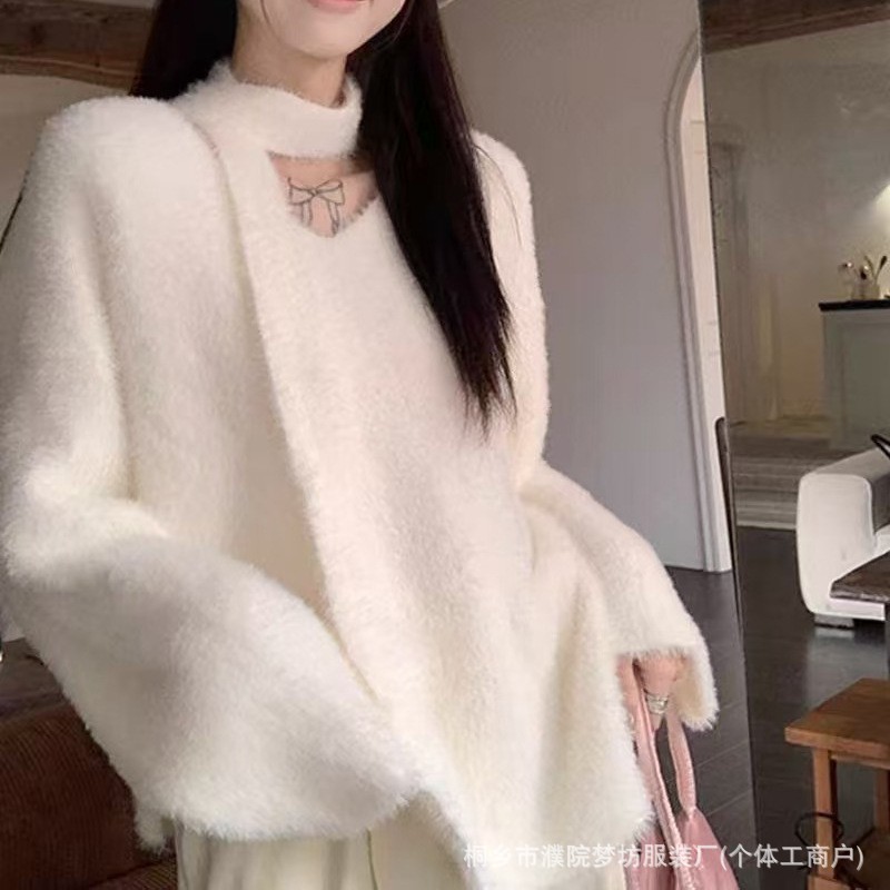 2025 зимний новый мягкий искусственный мускусный свитер для женщин, корейский стиль свободного покроя с V-образным вырезом