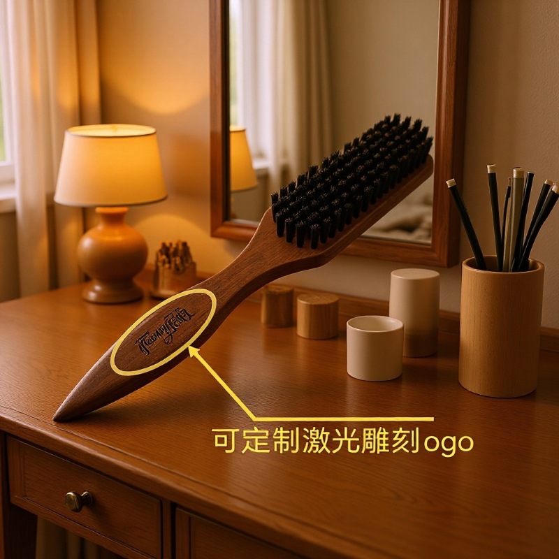 Brown Beard Brush Men's Facial Cleansing Brush Long-Handled Solid Wood Brush Comb Beard Comb Boar Bristle Shaving Brush