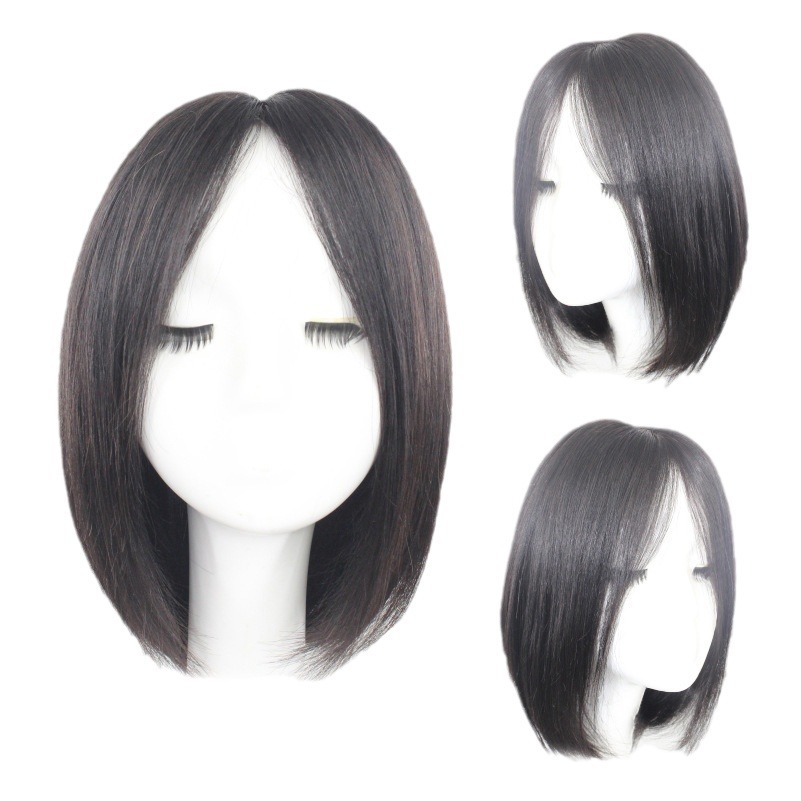Real Hair Wig Headgear for Women, Fashionable New Medium-Length Straight Hair Cover, Front Lace Imitation Needle, French Bangs Bob