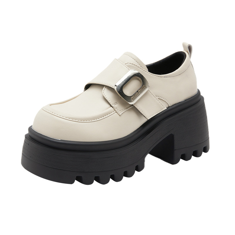 Meidian Power British Style Thick-Soled Small Leather Shoes for Women 2024 New Round Toe Easiest for Match Heightening Loafers Thick Heel Single Shoes