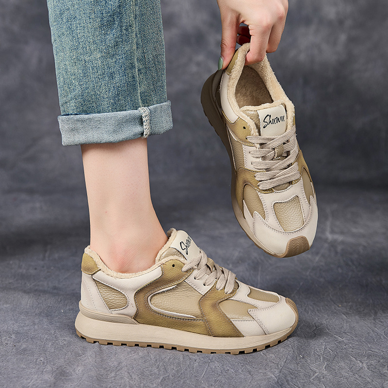 Shuwu 25 Autumn and Winter Genuine Leather Color-Blocked Low-Heeled Flats Shoes Cotton Toe Layer Cowhide Lace-Up Casual Sports Fleece-Lined Women's Shoes