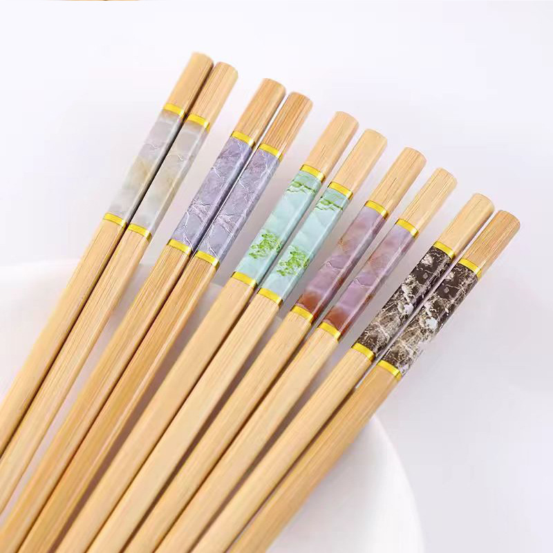 Five-color Marble Printed Chopsticks in Bulk Wholesale Carbonized Without Holes, Heat Transfer, 10 Pairs of Printed Bamboo Chopsticks
