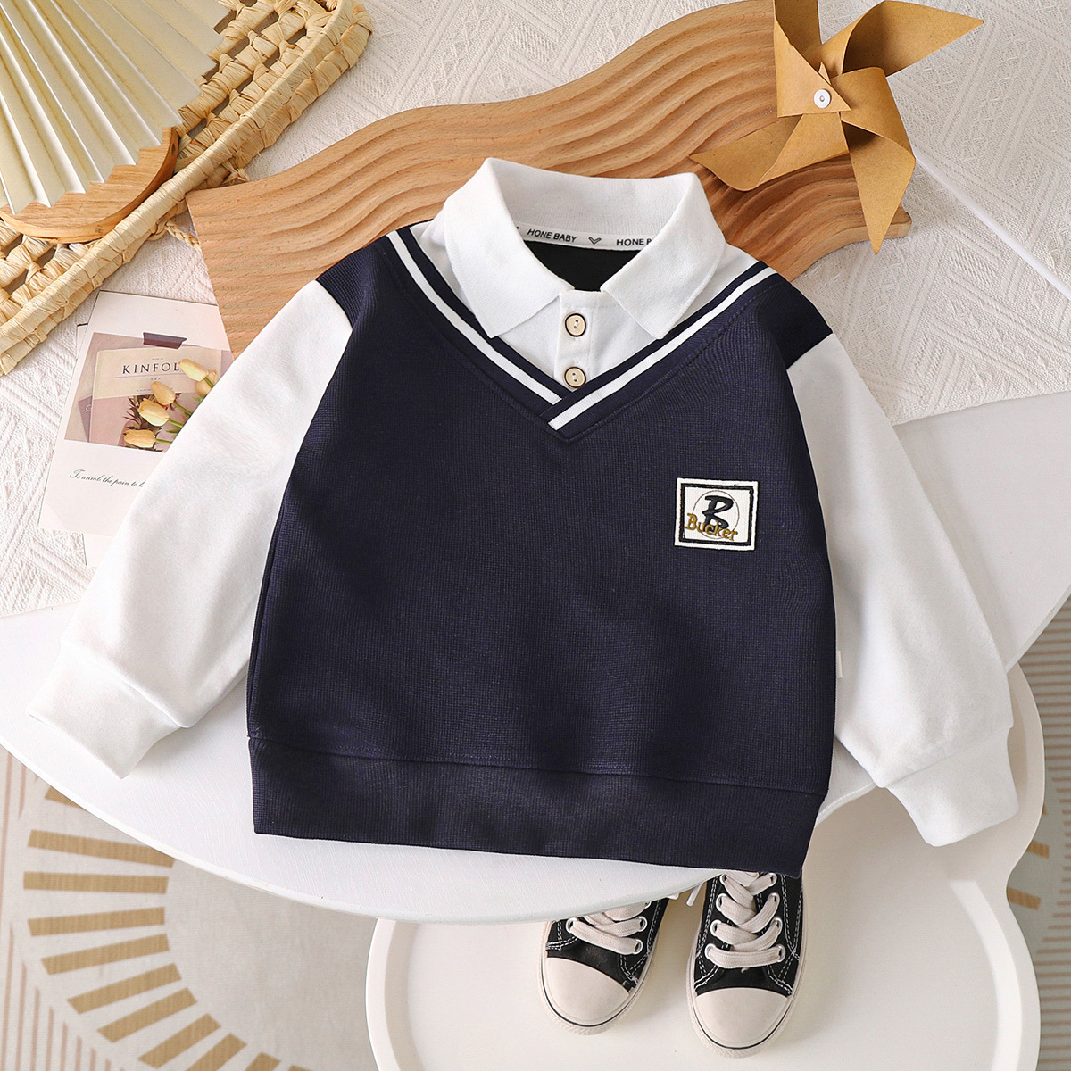 Boys Sweatshirt 2025 New Spring & Fall Sweatshirt British Style Polo Shirt Fake Two-Piece Versatile Fashionable Boys Middle and Large Children